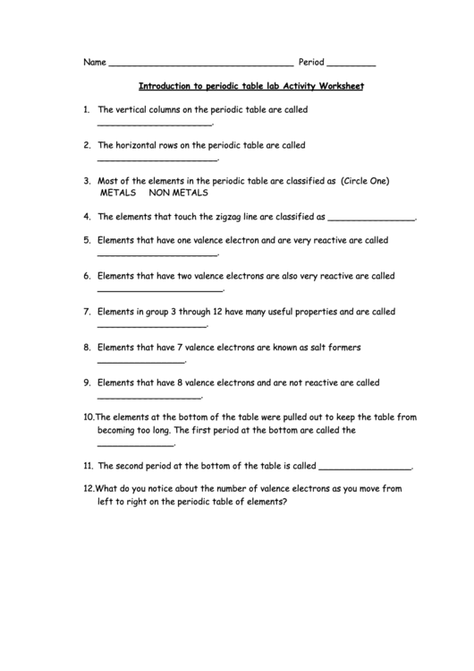 Introduction To Periodic Table Lab Activity Worksheet