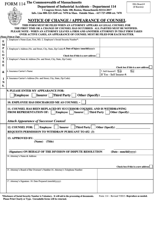 Fillable Form 114 - Notice Of Change Appearance Of Counsel Printable pdf
