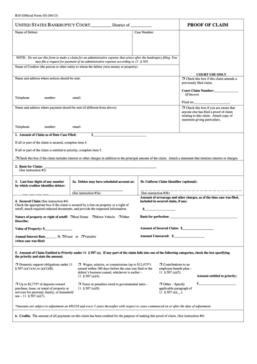 Fillable Bankruptcy Proof Of Claim Form 2013 Printable pdf