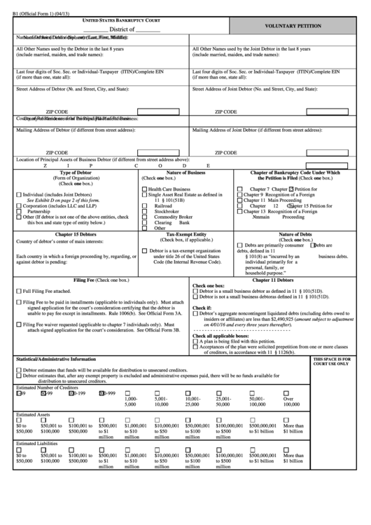 Fillable Form B1 - Voluntary Petition - United States Bankruptcy Court Printable pdf