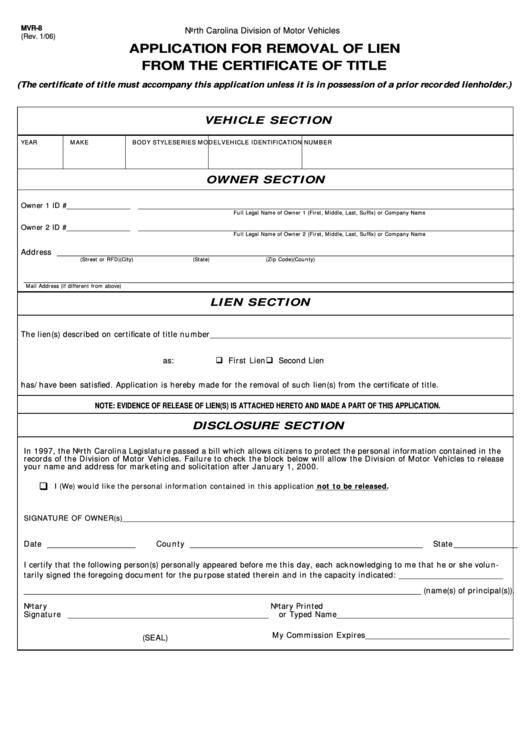 Fillable Form Mvr-8 - Application For Removal Of Lien From The Certificate Of Title Printable pdf