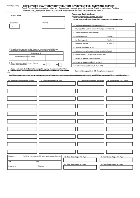 Form 21 - Annual Taxable Wage Base Per Employee - South Dakota Printable pdf