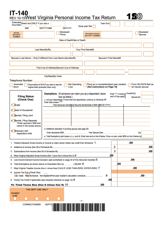 It-140 - West Virginia Personal Income Tax Return - 2015 Printable pdf