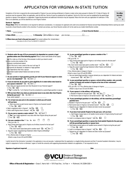 Application For Virginia In State Tuition Printable pdf