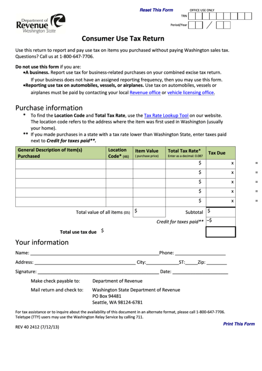 Fillable Consumer Use Tax Return Form - Department Of Revenue Printable pdf