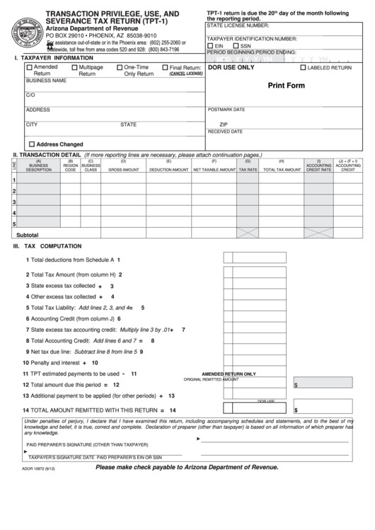 Form Ador 10872 Transaction Privilege, Use, And Severance Tax Return