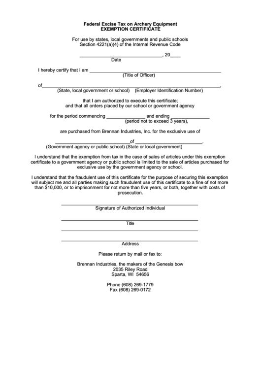 Federal Excise Tax On Archery Equipment Exemption Certificate Printable pdf
