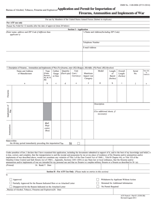 Atf Form 6 - Application And Permit For Importation Of Firearms Ammunition (2011) Printable pdf