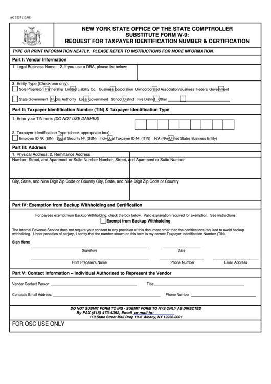 Fillable Form Ac 3237 (Substitute Form W-9) - Request For Taxpayer Identification Number & Certification - New York State Office Of The State Comptroller - 2009 Printable pdf