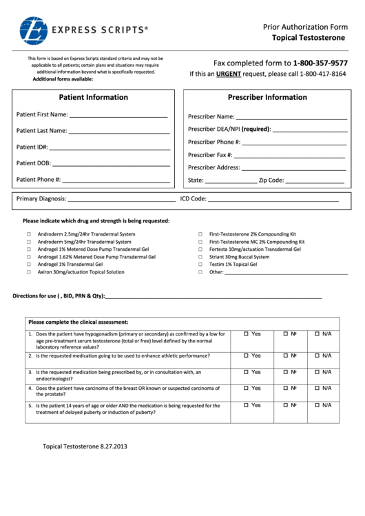 Prior Authorization Form Topical Testosterone Printable Pdf Download