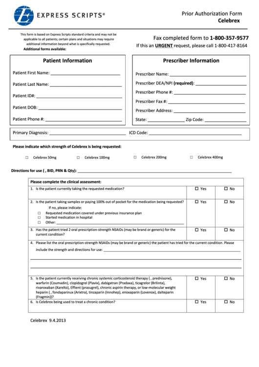 Express Scripts Prior Authorization Celebrex Printable pdf