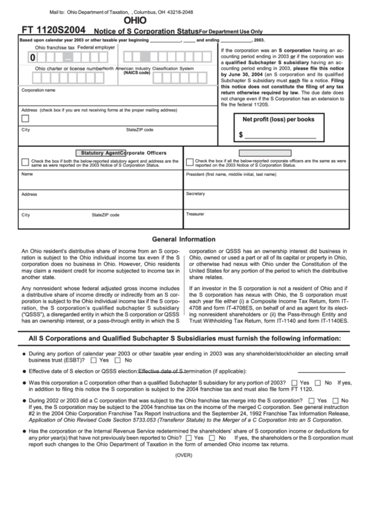 Ohio Form Ft1120s Notice Of S Corporation Status 2004 printable pdf ...