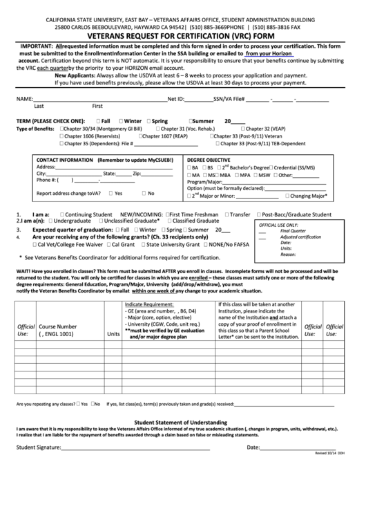 Fillable Vrc Form - California State University Printable pdf