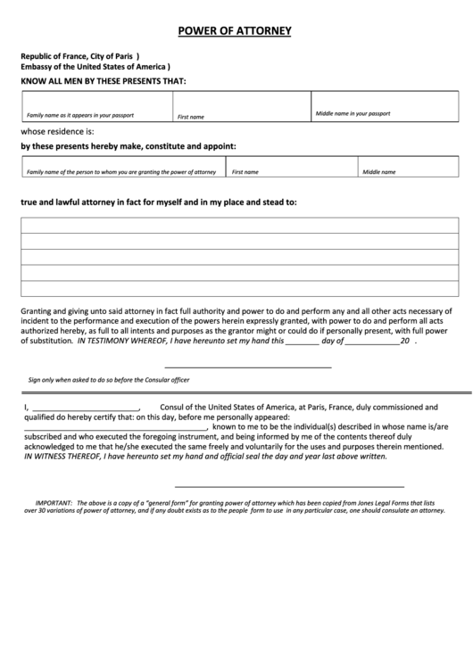 Embassy Of The Usa - Power Of Attorney Printable pdf