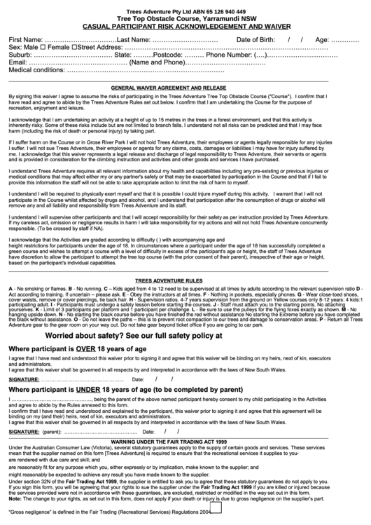 Casual Participant Risk Acknowledgement And Waiver Form Printable pdf