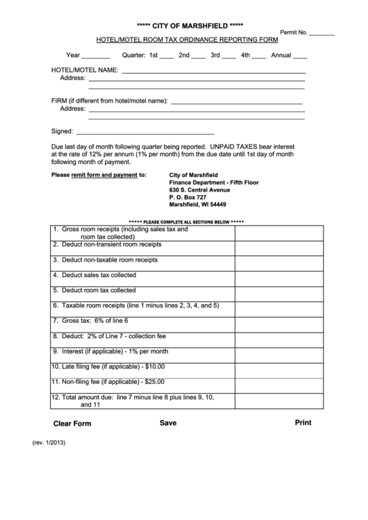 Fillable Room Tax Reporting Form - City Of Marshfield Printable pdf