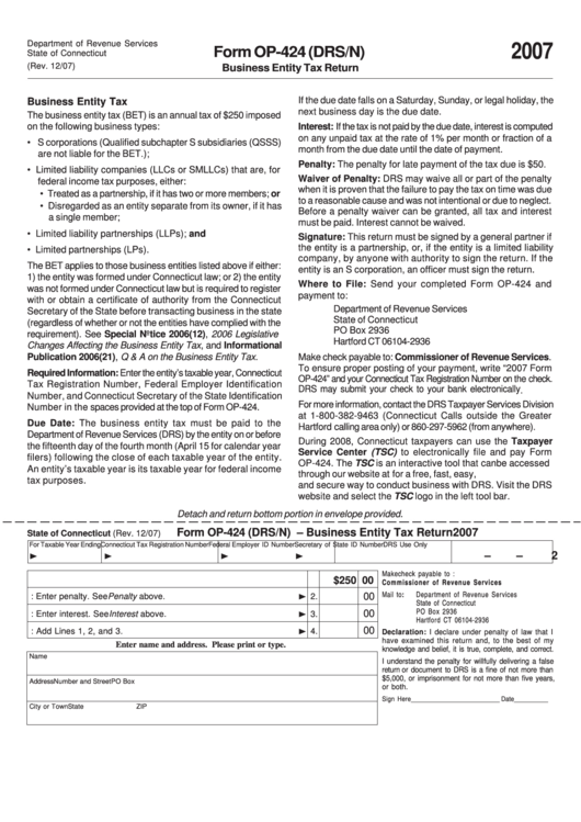 Form Op-424 (drs N) - Business Entity Tax Return 2007 Printable Pdf 