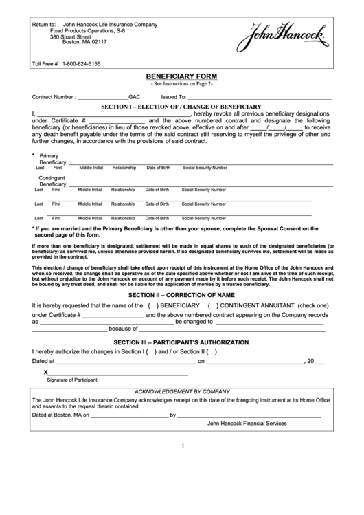 Form Jhga8 - John Hancock Life Insurance Company Beneficiary Form Printable pdf