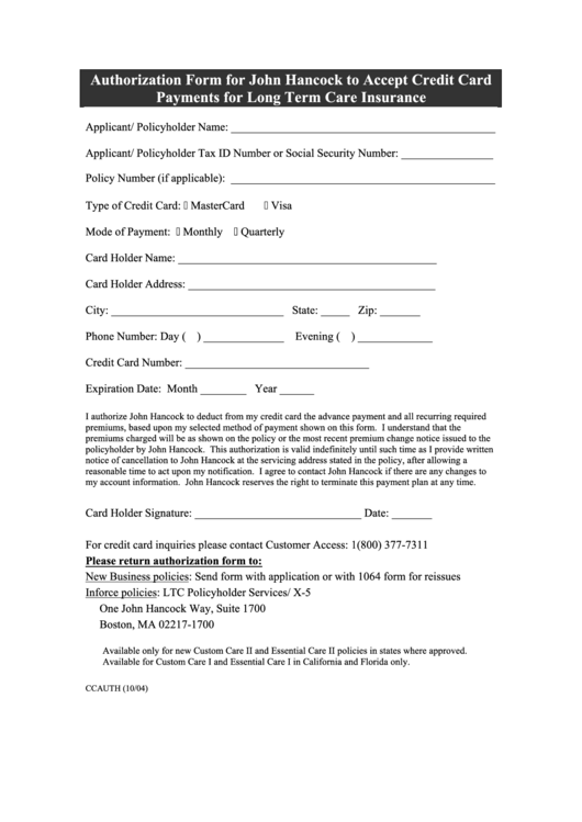 Form Ccauth - Authorization Form For John Hancock To Accept Credit Card Payments For Long Term Care Insurance Printable pdf