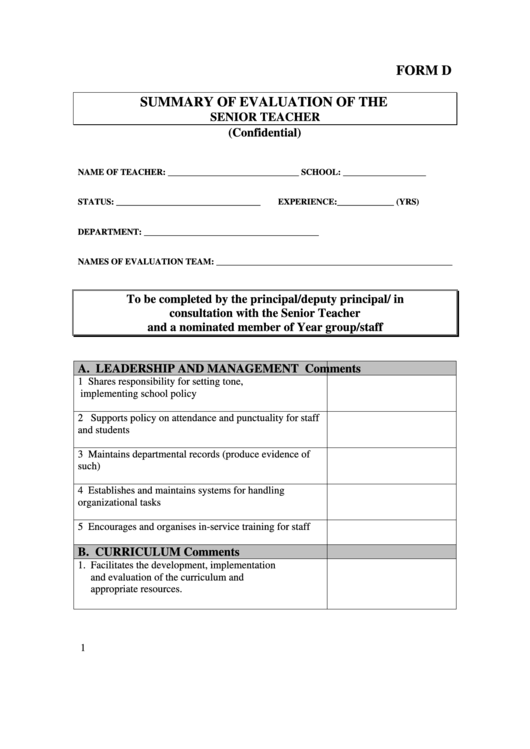 Senior Teacher Evaluation Form Printable pdf