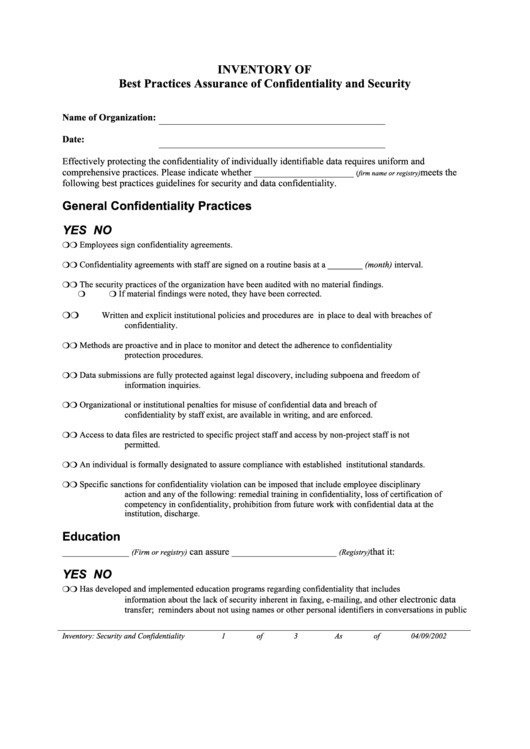 General Confidentiality Practices Checklist Printable pdf