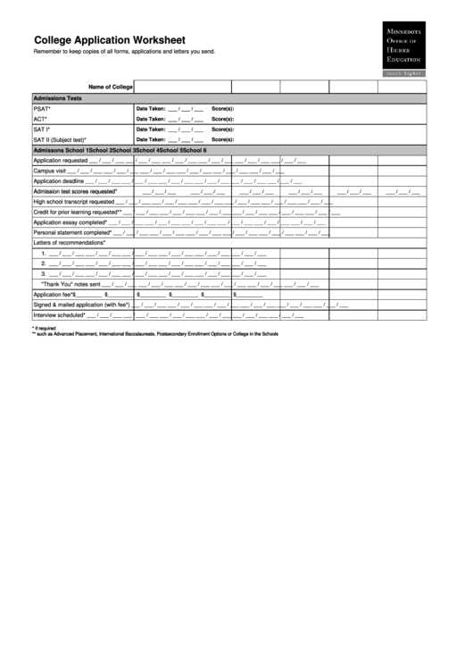 College Application Worksheet Printable pdf