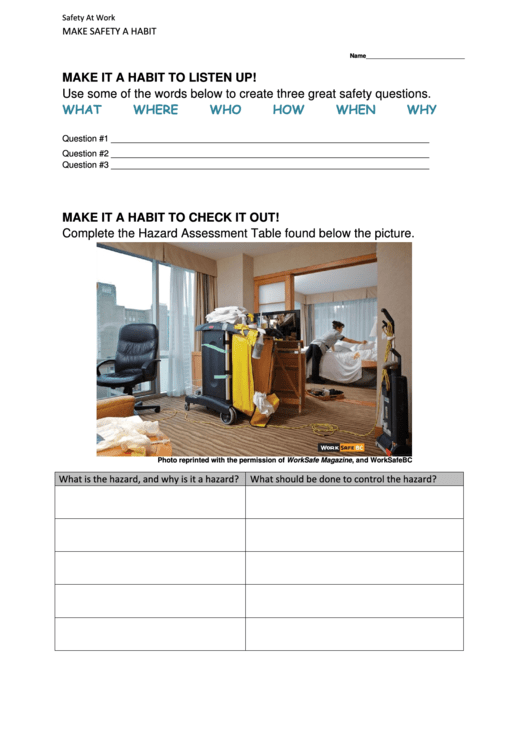 Safety At Work - Student Worksheet Printable pdf