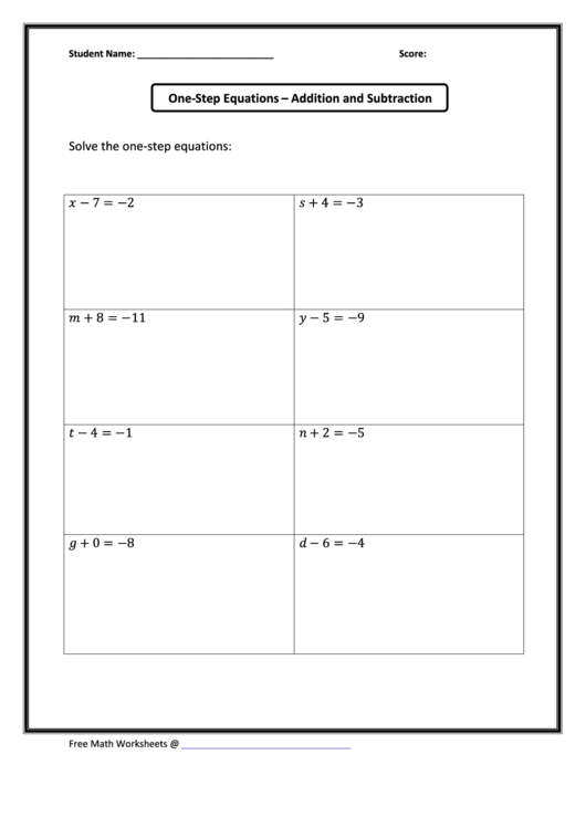 One-Step Equations - Addition And Subtraction Printable pdf