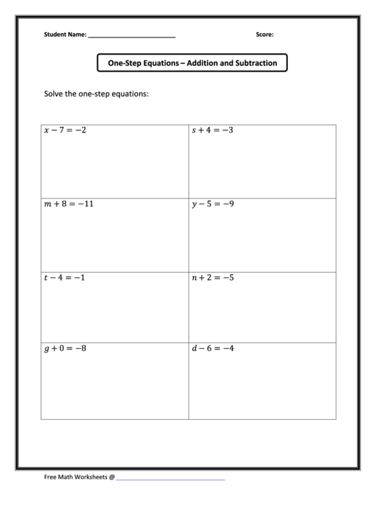 One Step Equations Addition And Subtraction Printable Pdf Download