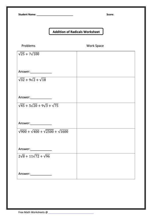 Addition Of Radicals Worksheet Printable pdf