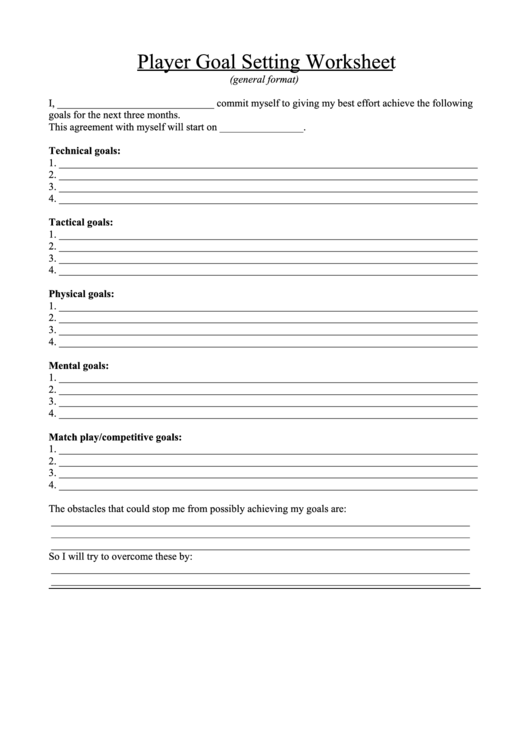 Player Goal Setting Worksheet Printable pdf