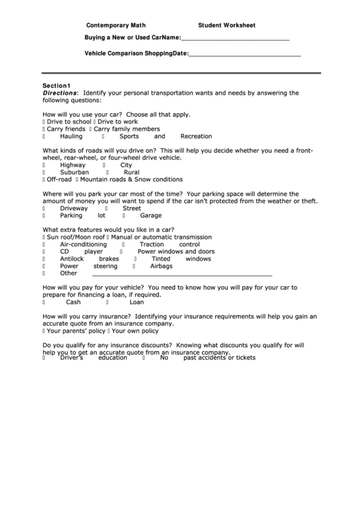 Contemporary Math Student Worksheet Printable pdf