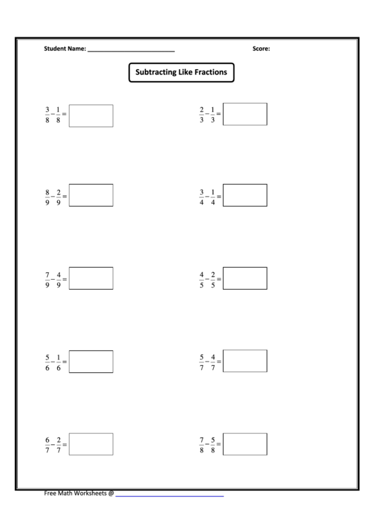 Subtracting Like Fractions Worksheet Printable pdf