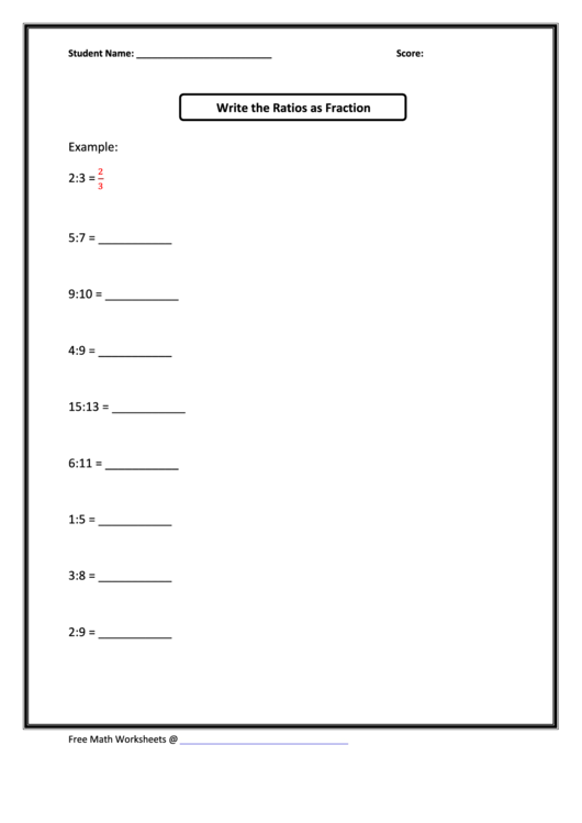 Writing The Ratios As A Fraction Worksheet Printable pdf