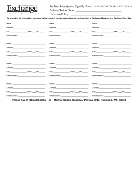 Child Care Exchange Student Subscription Sign-Up Sheet Printable pdf