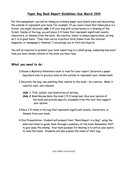 Paper Bag Book Report Guidelines Printable pdf