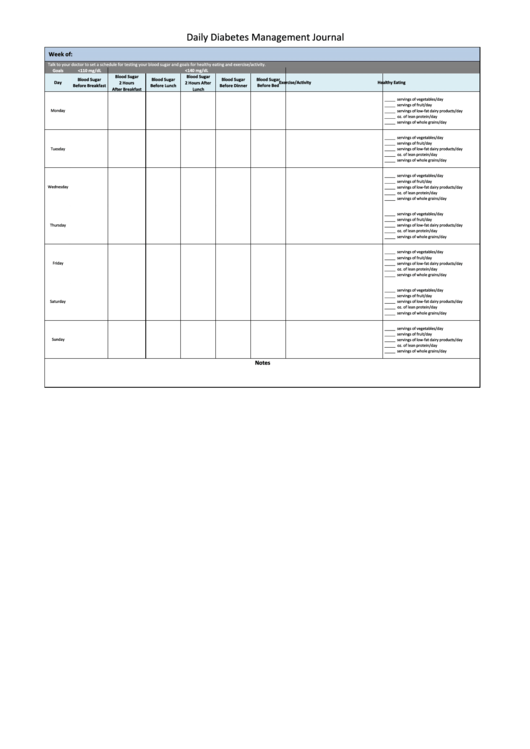 Daily Diabetes Management Journal Template Printable pdf