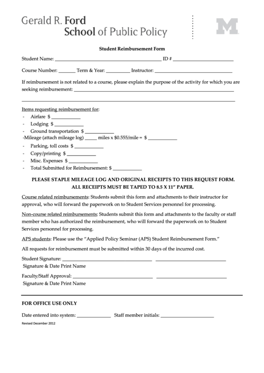 Student Reimbursement Form - Gerald R. Ford School Of Public Policy Printable pdf