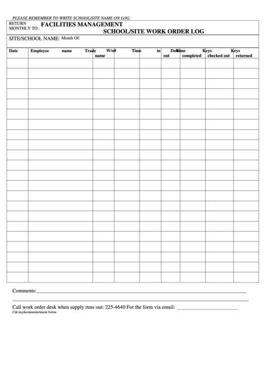 School/site Work Order Log Printable pdf