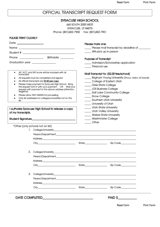 Fillable Official Transcript Request Form - Syracuse High School Printable pdf
