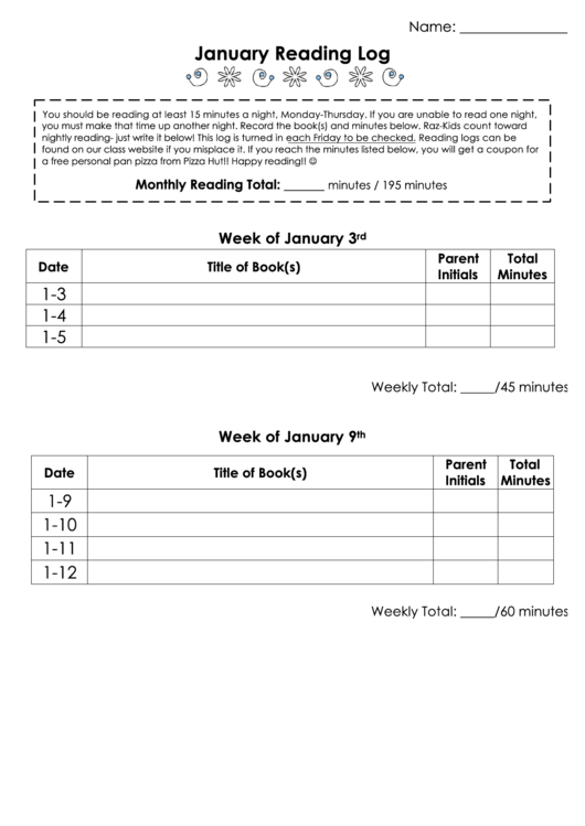 January Reading Log Template Printable pdf