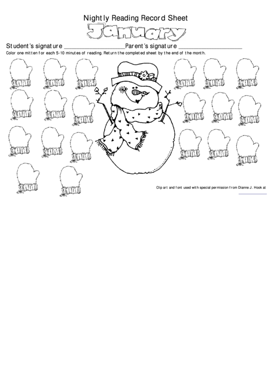 January Nightly Reading Record Sheet - Snowman Printable pdf
