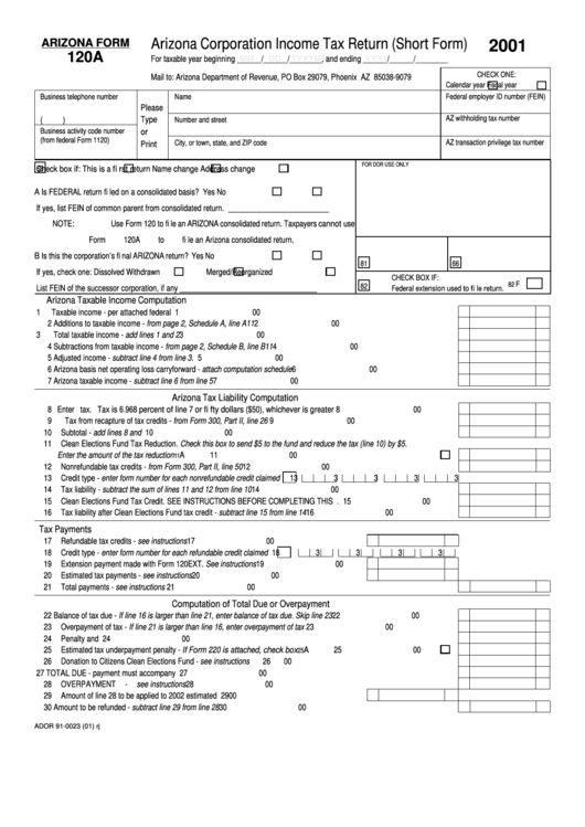 Fillable Arizona Form 120a - Arizona Corporation Income Tax Return (Short Form) - 2001 Printable pdf