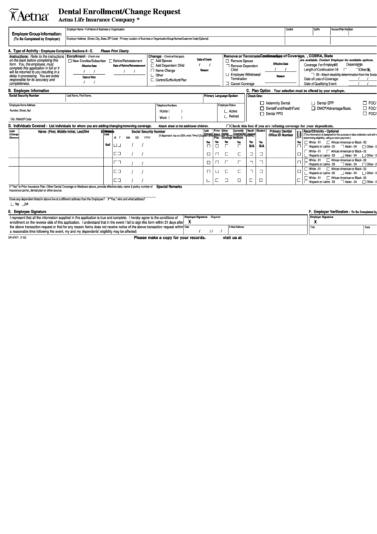 Form Gr-67971 - Dental Enrollment Change Request Aetna Printable pdf