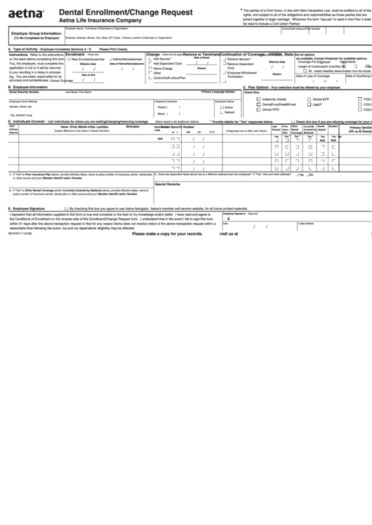 Fillable Form Gr-67971-7 - Dental Enrollment Change Request - Aetna Printable pdf