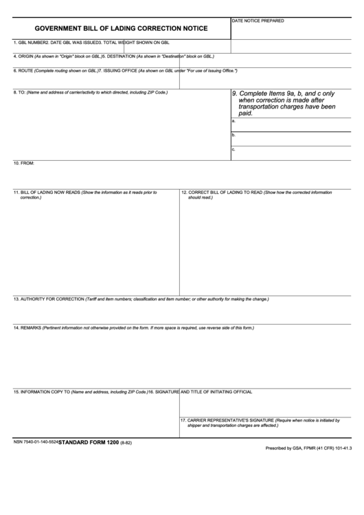 Fillable Government Bill Of Lading Correction Notice Printable pdf