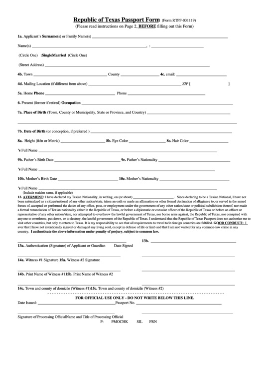 Republic Of Texas Passport Form - Nation Of Texas Printable pdf