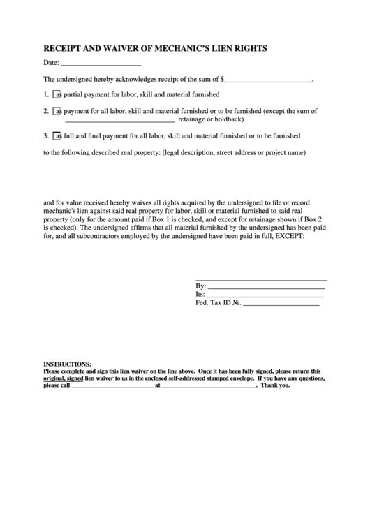 Receipt And Waiver Of Mechanics Lien Rights Form Printable pdf