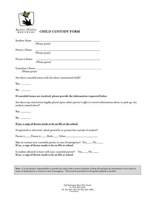 Child Custody Form - Sunny Hollow Montessori Printable pdf