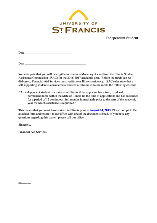 Independent Student Form - University Of St. Francis Printable pdf